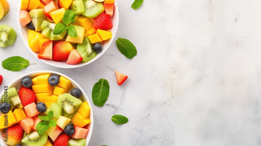 Top view of a colorful fruit salad on a white background Top view of a colorful fruit salad on a white background