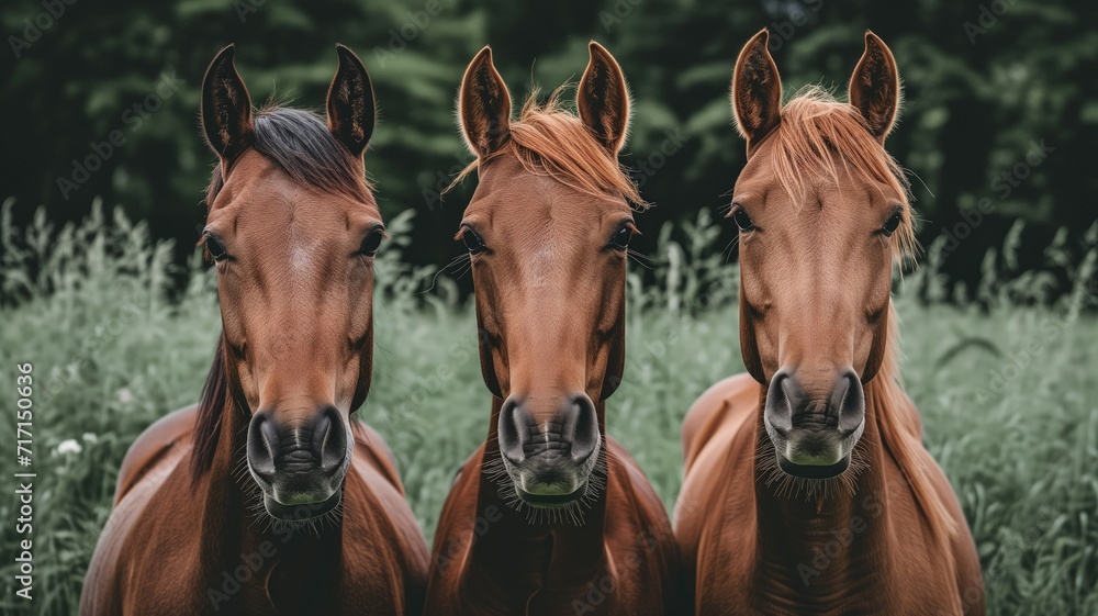 Fototapeta premium Three horses looking at the camera in a green field