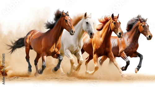 Five horses running in dust