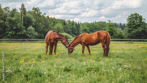 Two horses touching heads in a field of flowers
