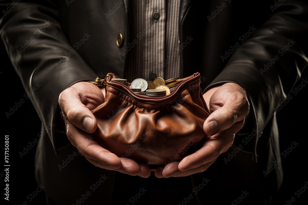 Close up of hands holding wallet  filled with coins. Financial growth concept.