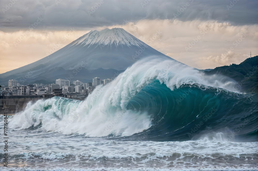 big tsunami wave hit coast of japan - cataclysm storm destroying asian city with flood
