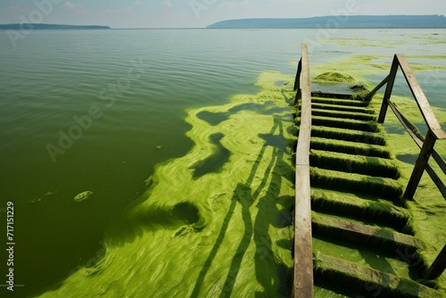 Excessive nutrients cause green water with harmful algae bloom. Generative AI photo