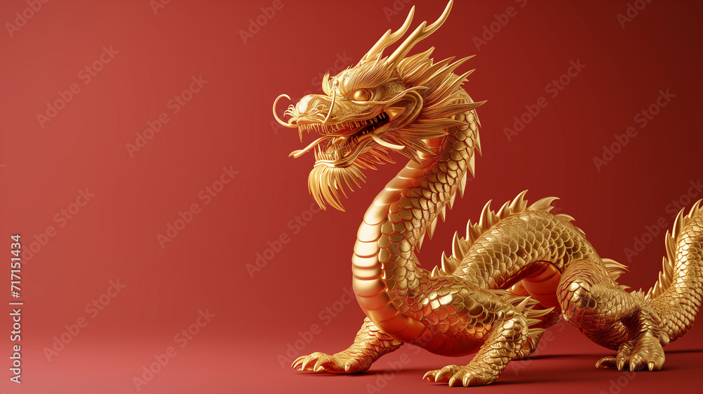 Golden Dragon Statue on a Deep Red Background Symbolizing Power and Myth - Chinese New Year Golden Dragon Statue on a Deep Red Background Symbolizing Power and Myth - Chinese New Year