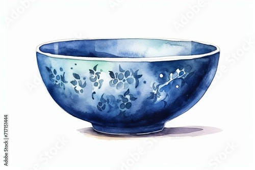 Blue ceramic bowl side view with watercolor illustration on white background. Suitable for decoration, menu compositions, and recipes. Generative AI