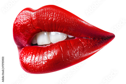 Luscious Red Lips with Glossy Lipstick Isolated on White Background