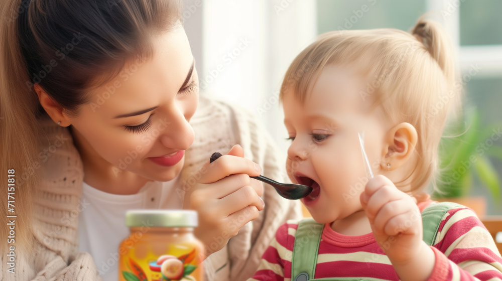 Young Mother Feeding Her Baby Child Toddler with Healthy Baby Food Young Mother Feeding Her Baby Child Toddler with Healthy Baby Food
