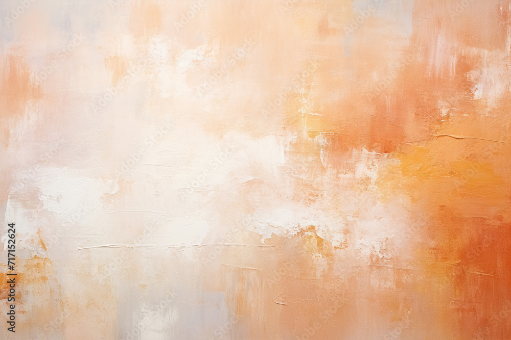 Textured abstract art background peach fuzz and white with paint splatters and brushstrokes on canvas, concrete wall with gradient pattern