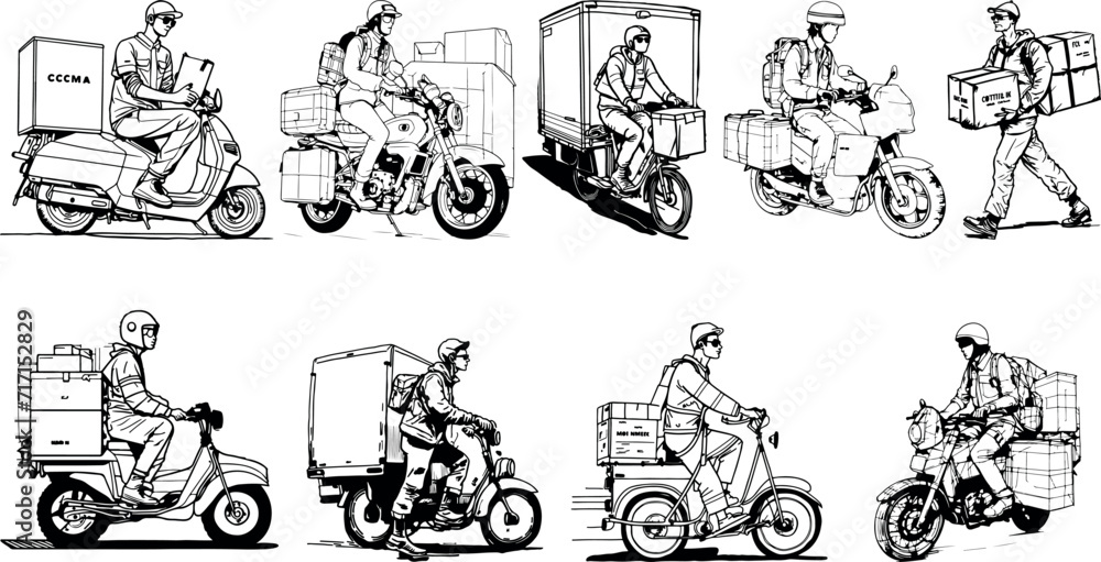 scooter delivery silhouette.  delivery guy on scooter great set collection clip art Silhouette, Courier delivery sketch drawing. Black vector illustration on white background.