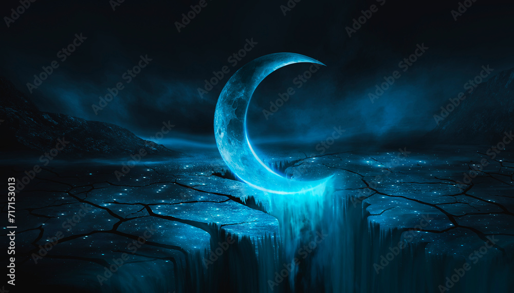 Fantasy night landscape with a crescent moon, a large fault in the earth, a ravine, blue neon.  - obrazy, fototapety, plakaty 