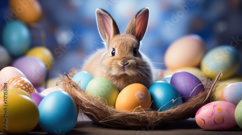 Wallpaper Mural A bunny is sitting in a nest with colorful eggs. Generative AI. Torontodigital.ca