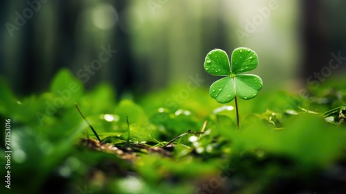 A single green clover is growing in the middle of a forest. Generative AI. photo