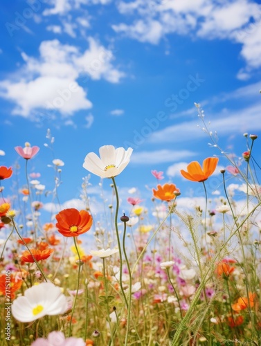 A field of flowers with blue sky in the background. Generative AI. © Natalia
