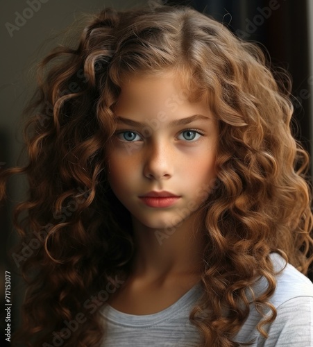 A young girl with curly hair and blue eyes. Generative AI.