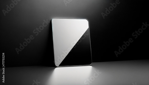 A sleek, unbroken mirror with a minimalist design, set against a bold monochromatic background photo
