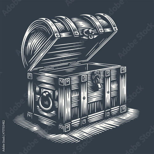 Open chest. Vintage woodcut style vector illustration on dark background.
