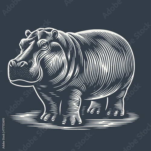 Hippo. Vintage woodcut style vector illustration on dark background.