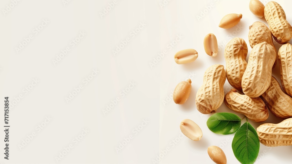 Peanuts in shells scattered on a white background with leaves
