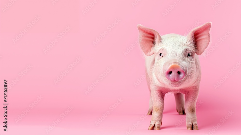 Piglet on a pink background with a direct gaze Piglet on a pink background with a direct gaze