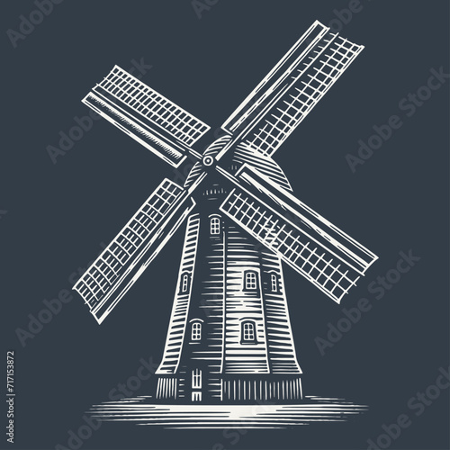 Windmill. Vintage woodcut style vector illustration on dark background.
