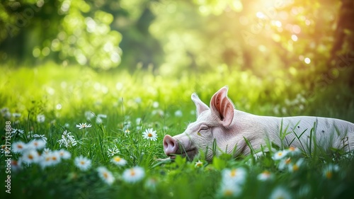 Pig lying in a sunny field with daisies