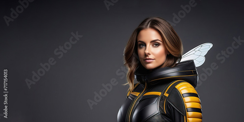 Woman in a bee costume, leather jumpsuit with wings, on a dark background, banner for advertising