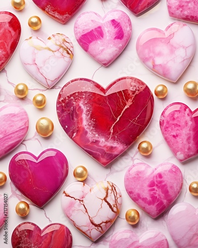 Heart-shaped red stones on a marble pink background, perfect for a spa-themed setting. Flat lay backdrop. Femine abstract design