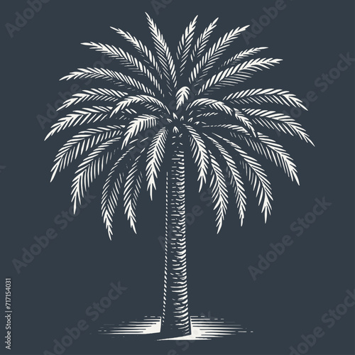 Palm tree. Vintage woodcut style vector illustration on dark background.