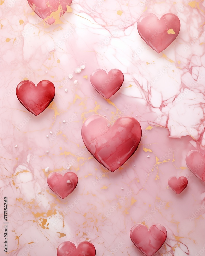 Heart-shaped red stones on a marble pink background, perfect for a spa-themed setting. Flat lay backdrop. Femine abstract design