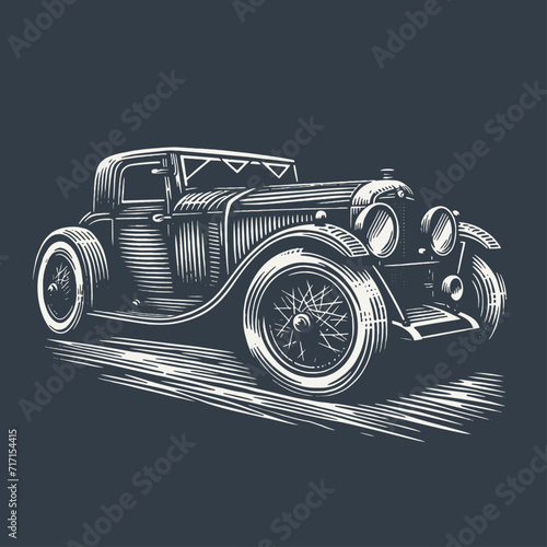 Retro automobile. Vintage woodcut style vector illustration on dark background.