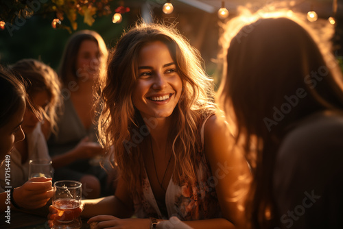 Gente feliz disfrutando en una reunión social celebrando juntos.Chica y grupo de amigos disfrutando de un refresco o cerveza en el jardín. Imagen idílica con dramática luz del atardecer. photo
