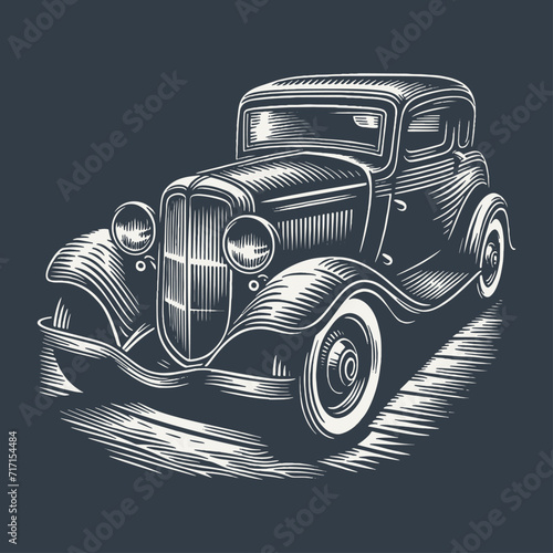 Retro automobile. Vintage woodcut style vector illustration on dark background.