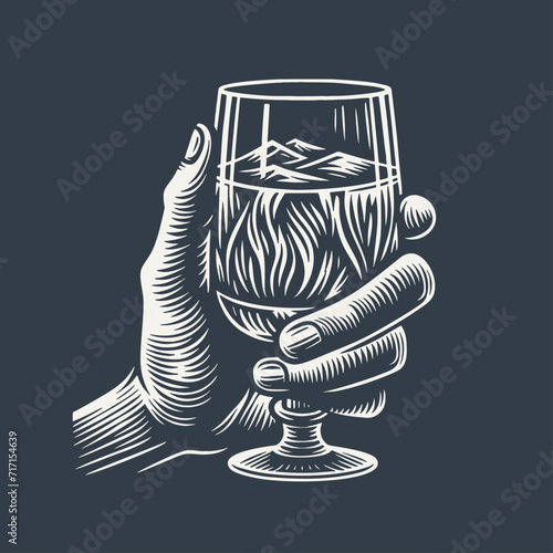 Hand holding a glass of drink. Vintage woodcut style vector illustration on dark background.