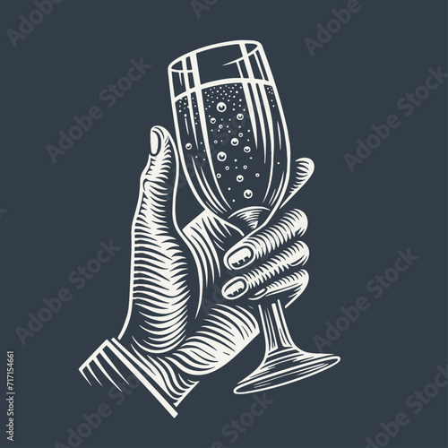 Hand holding a glass of champagne. Vintage woodcut style vector illustration on dark background.