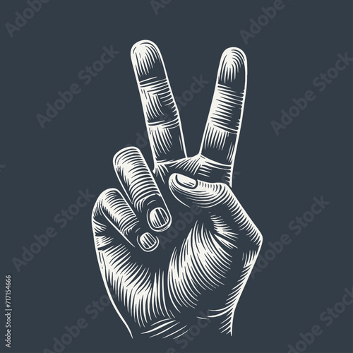 Victory hand gesture. Vintage woodcut style vector illustration on dark background.