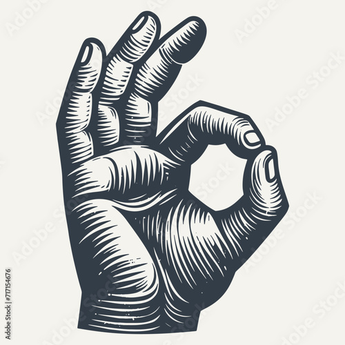 Ok hand gesture. Vintage woodcut style vector illustration on white.