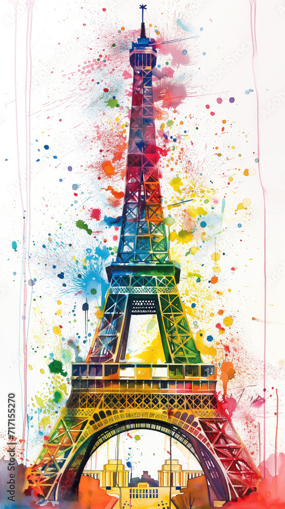 A colorful and dynamic watercolor painting of the Eiffel Tower, with a vivid abstract background that contrasts with the detailed depiction of the tower.