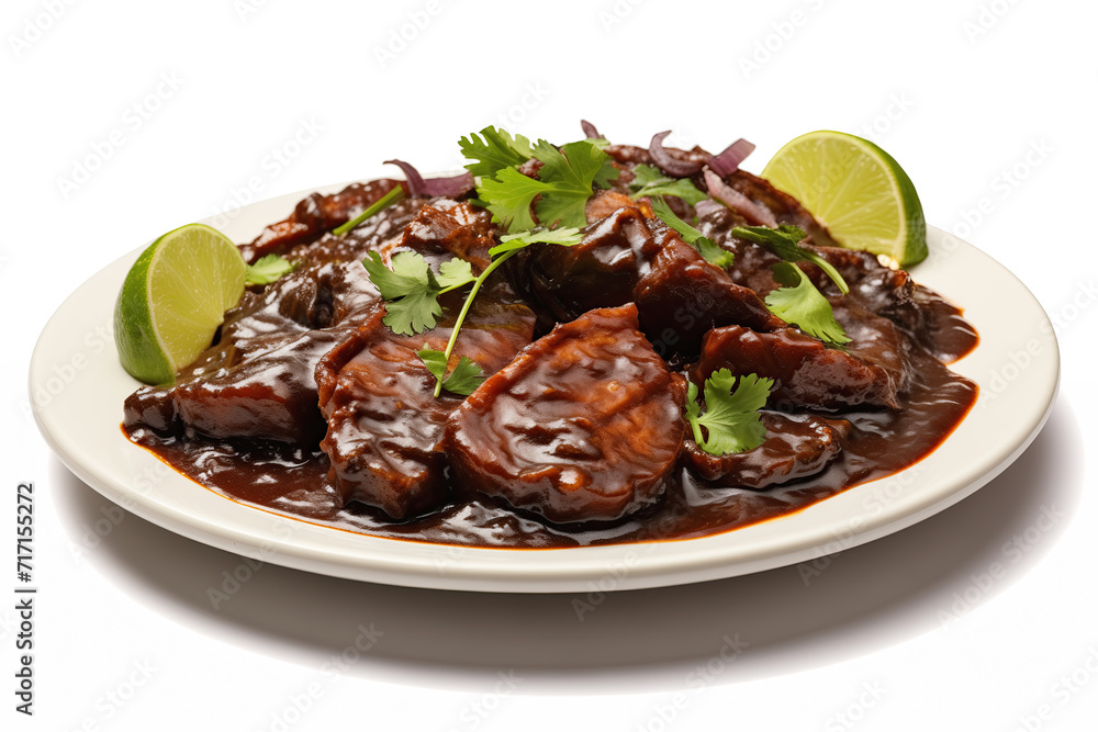 A delectable serving of beef covered in a rich, glossy mole sauce, garnished with fresh cilantro and lime wedges, presented on a white plate. A delectable serving of beef covered in a rich, glossy mole sauce, garnished with fresh cilantro and lime wedges, presented on a white plate.