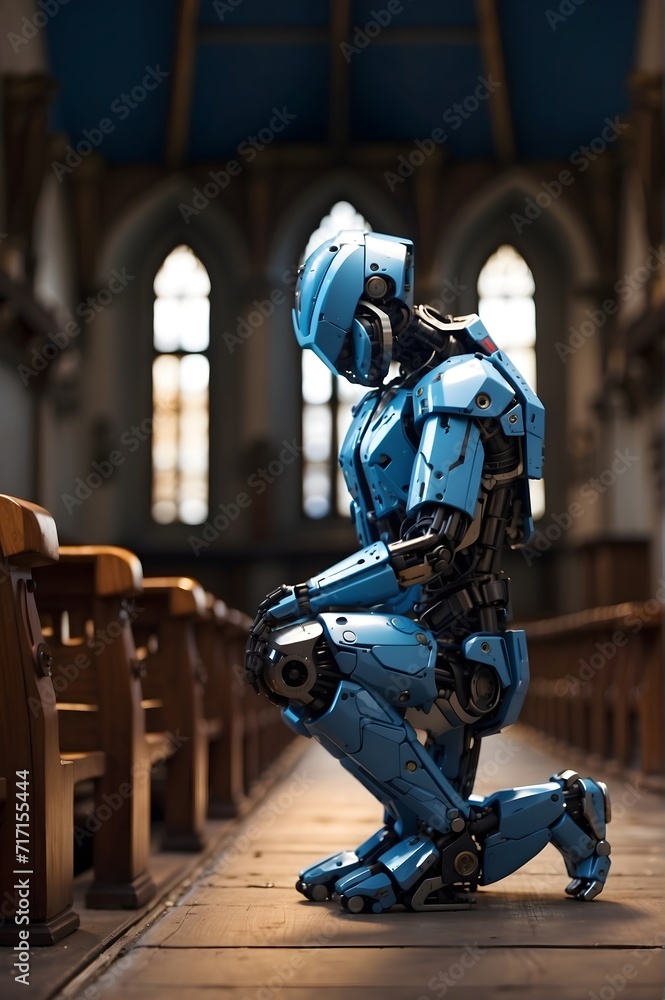 A Robot Engaged in Prayer, Kneeling with Reverence and Seeking Connection with the Divine, Crafted with AI Precision A Robot Engaged in Prayer, Kneeling with Reverence and Seeking Connection with the Divine, Crafted with AI Precision
