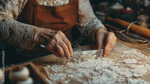 A lacemaker in the midst of creating an intricate lace pattern using traditional tools, with soft natural light enhancing the delicate details of the lacework. photo