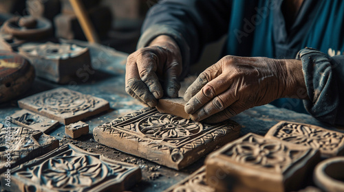 An artisan carefully crafting clay tiles for a mosaic masterpiece, showcasing the meticulous process of creating intricate patterns and designs with handmade clay pieces.