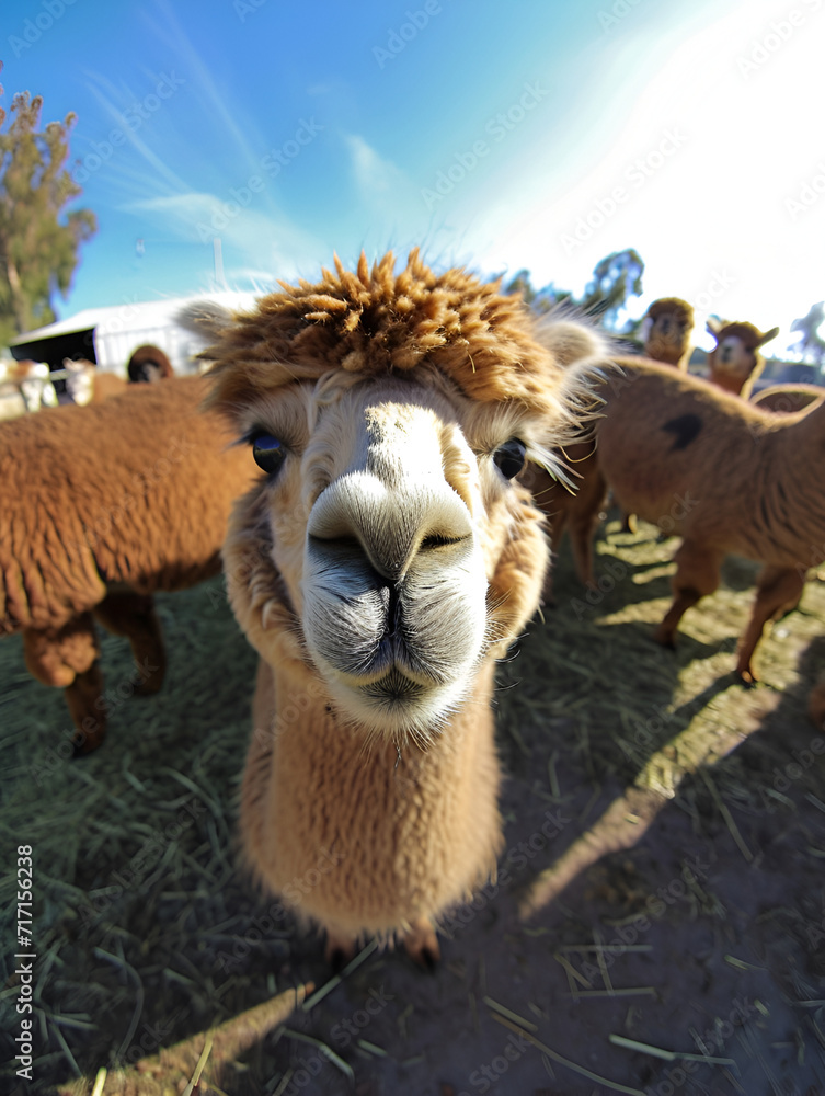 Obraz premium alpaca, lama at petting zoo , naive charm, land art, fisheye lens