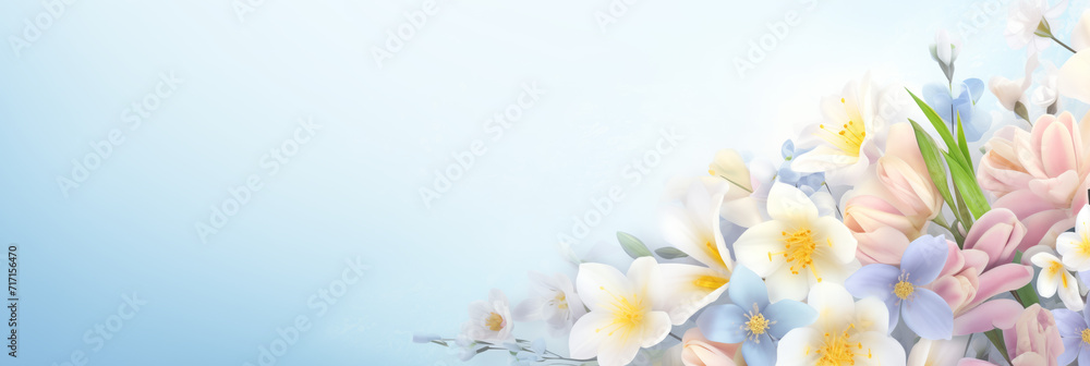 Beautiful delicate spring flowers on blue background 