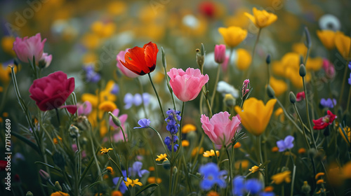 Background of Spring wildflowers. A serene image capturing delicate wildflowers against a dreamy, soft focus background of greens and blues © Irina