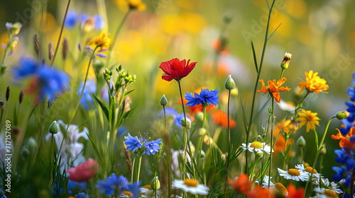 Background of Spring wildflowers. A serene image capturing delicate wildflowers against a dreamy  soft focus background of greens and blues