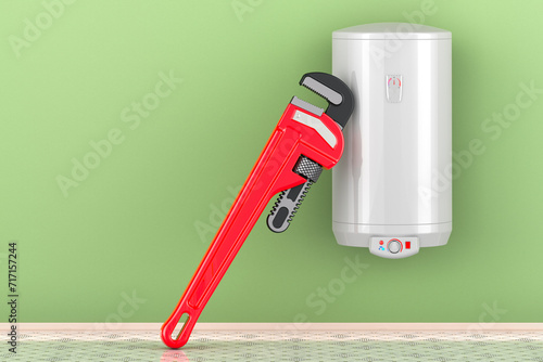 Water heater with pipe wrench in interior. Repair and service of water heater, concept. 3D rendering photo