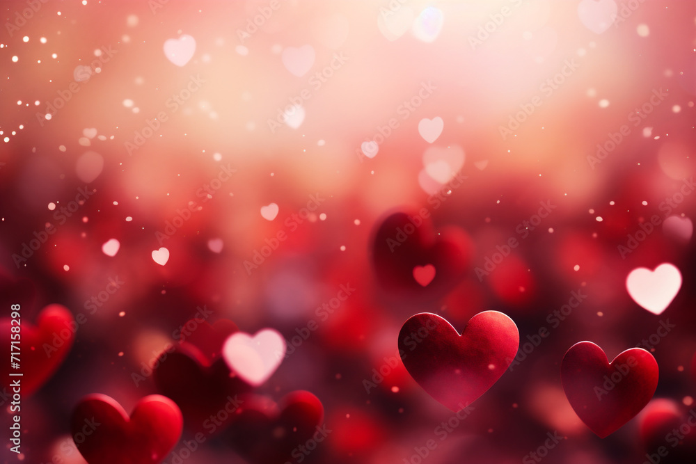 Valentines day background with red hearts on bokeh lights