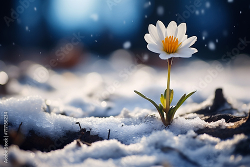 White crocus flower in the snow with bokeh effect. © Jioo7