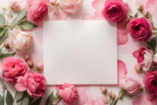 white note paper and pink roses on pink watercolor effect background