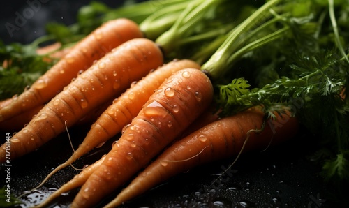 Bunch of fresh carrots with water drops on black background, closeup photo
